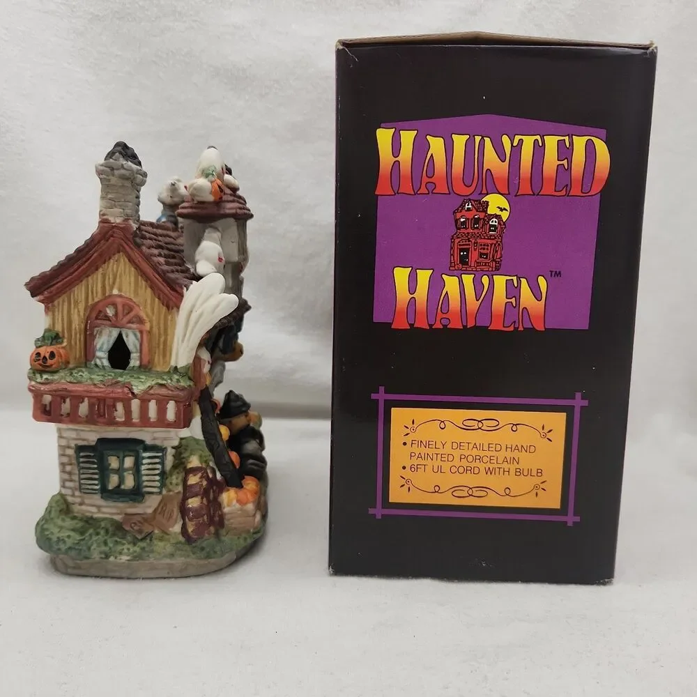 House Pumpkin Factory Lighted Porcelain Haunted Haven Witch Ghost Cat Four Star